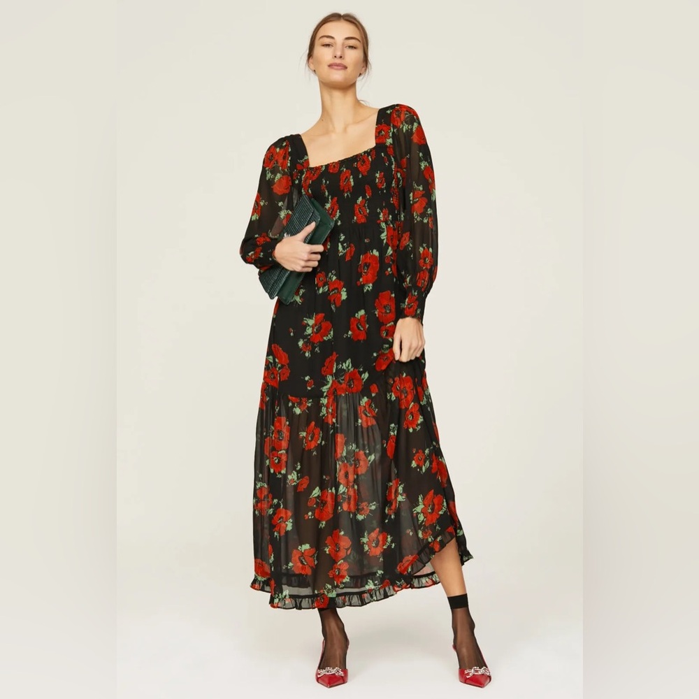 Rixo Dress Womens 6 Black Red Poppy Floral Yas Chiffon Midi Airy Square Neck